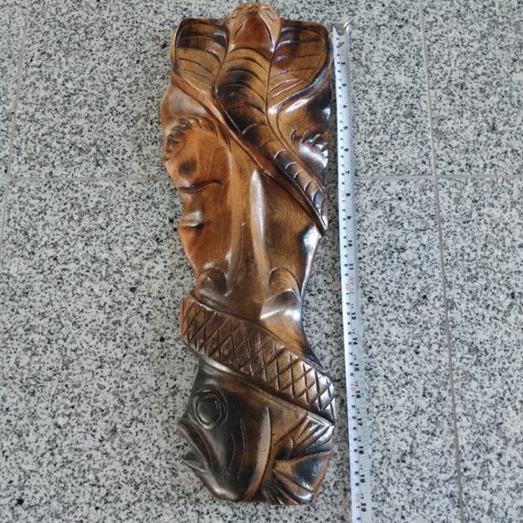 Abstract Wooden Mask Artwork VTG Hand Carved Wall Art Cobra Fish Man 20" - Picture 6 of 9